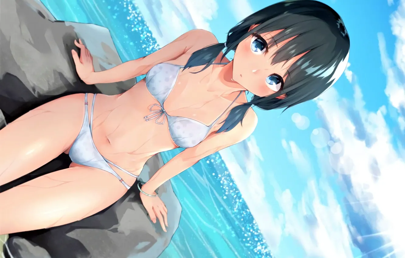 Photo wallpaper girl, sexy, cleavage, beach, long hair, sea, boobs, anime