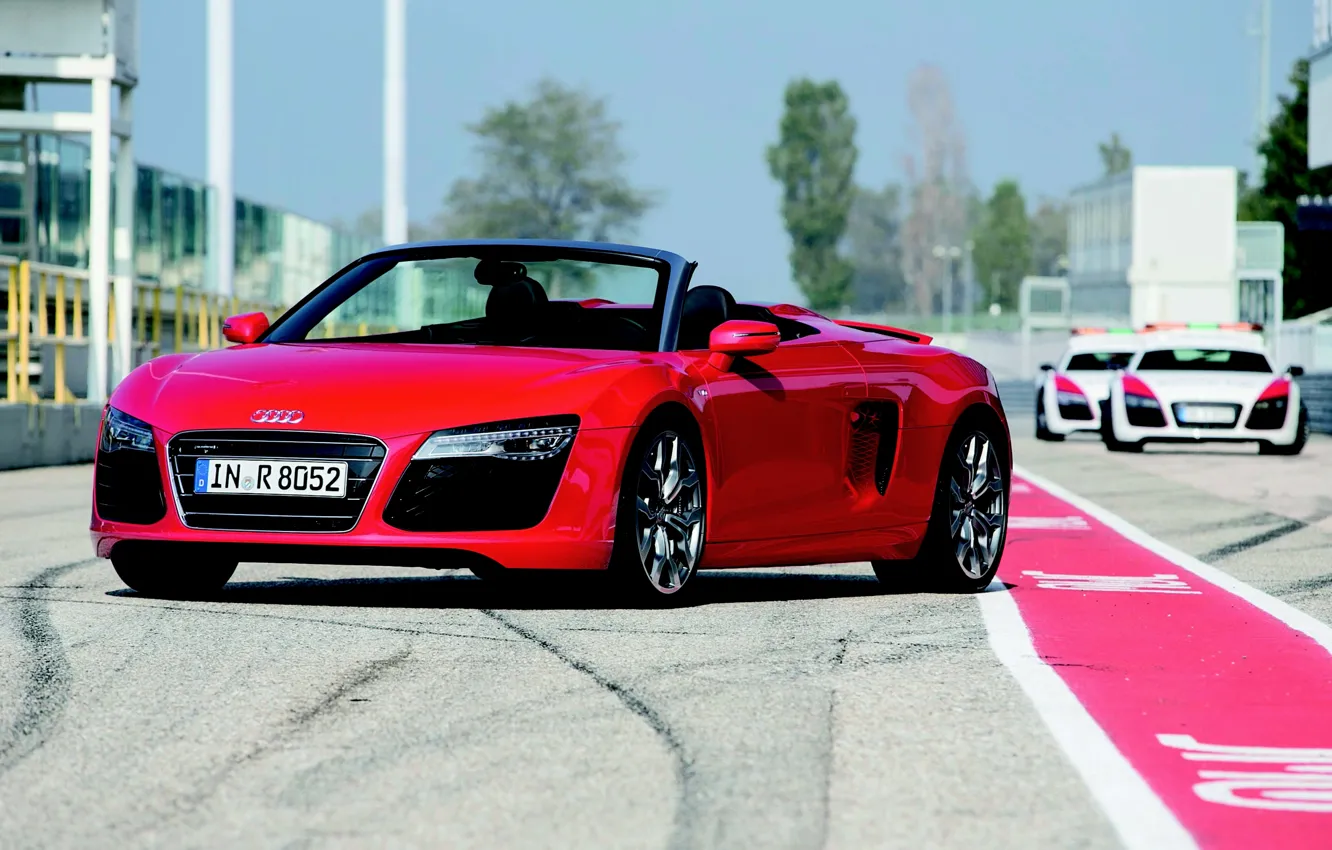 Photo wallpaper Red, Machine, Convertible, The hood, Day, Spyder, Audi R8 V10