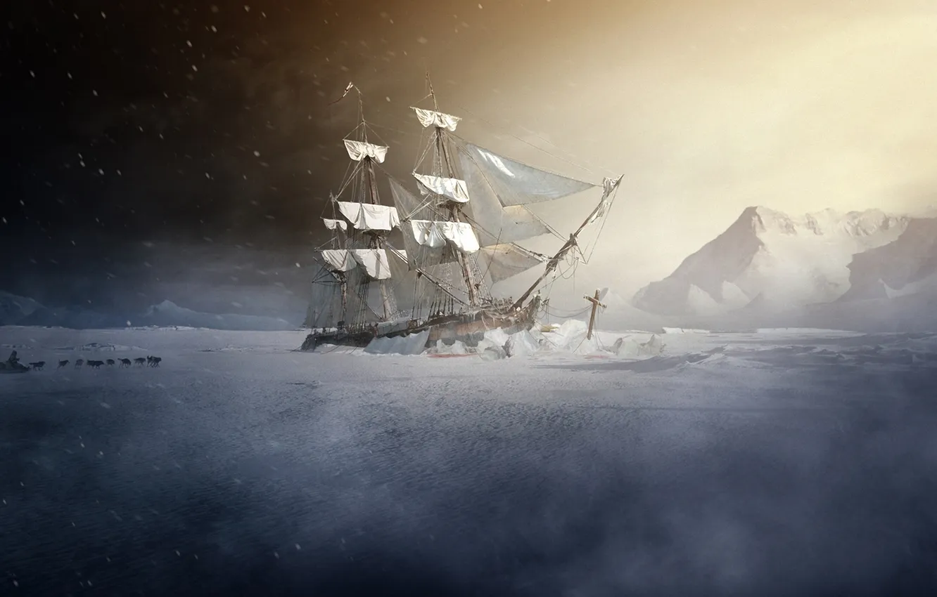 Photo wallpaper cold, ice, people, ship, sailboat, dog, art, team