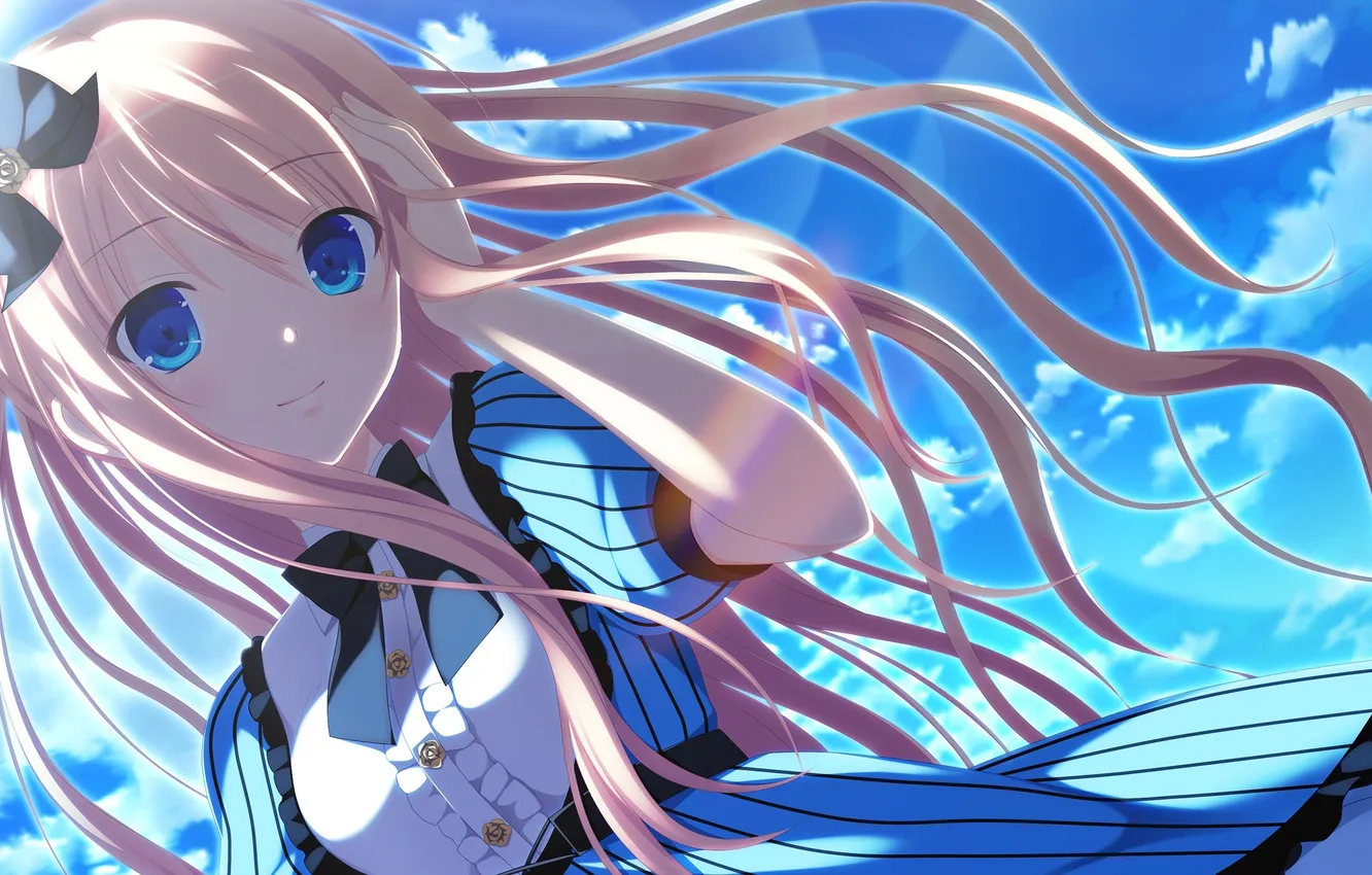 Photo wallpaper the sky, girl, clouds, smile, art, bow, makita maki, gensou no idea