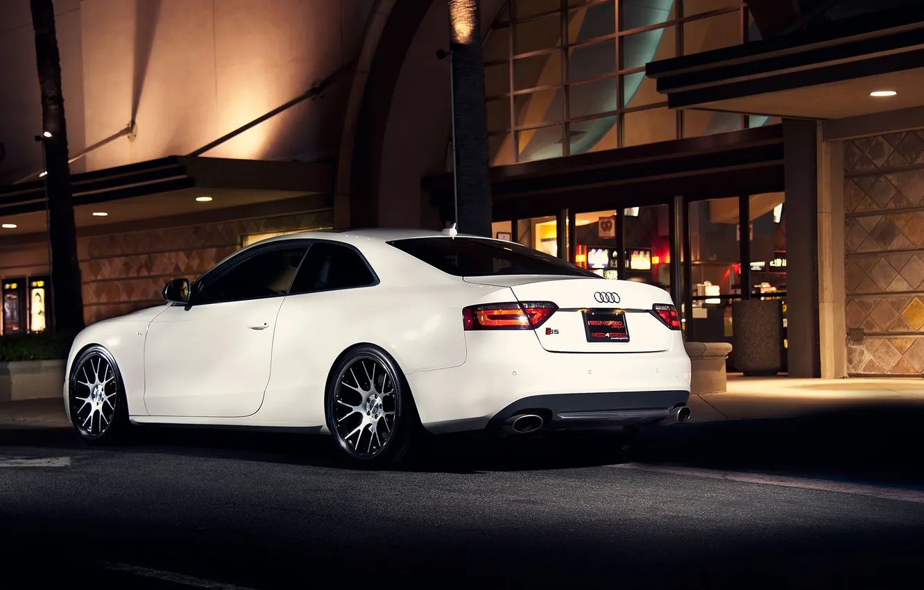 Photo wallpaper white, night, Audi, Audi, street, building, white, the rear part