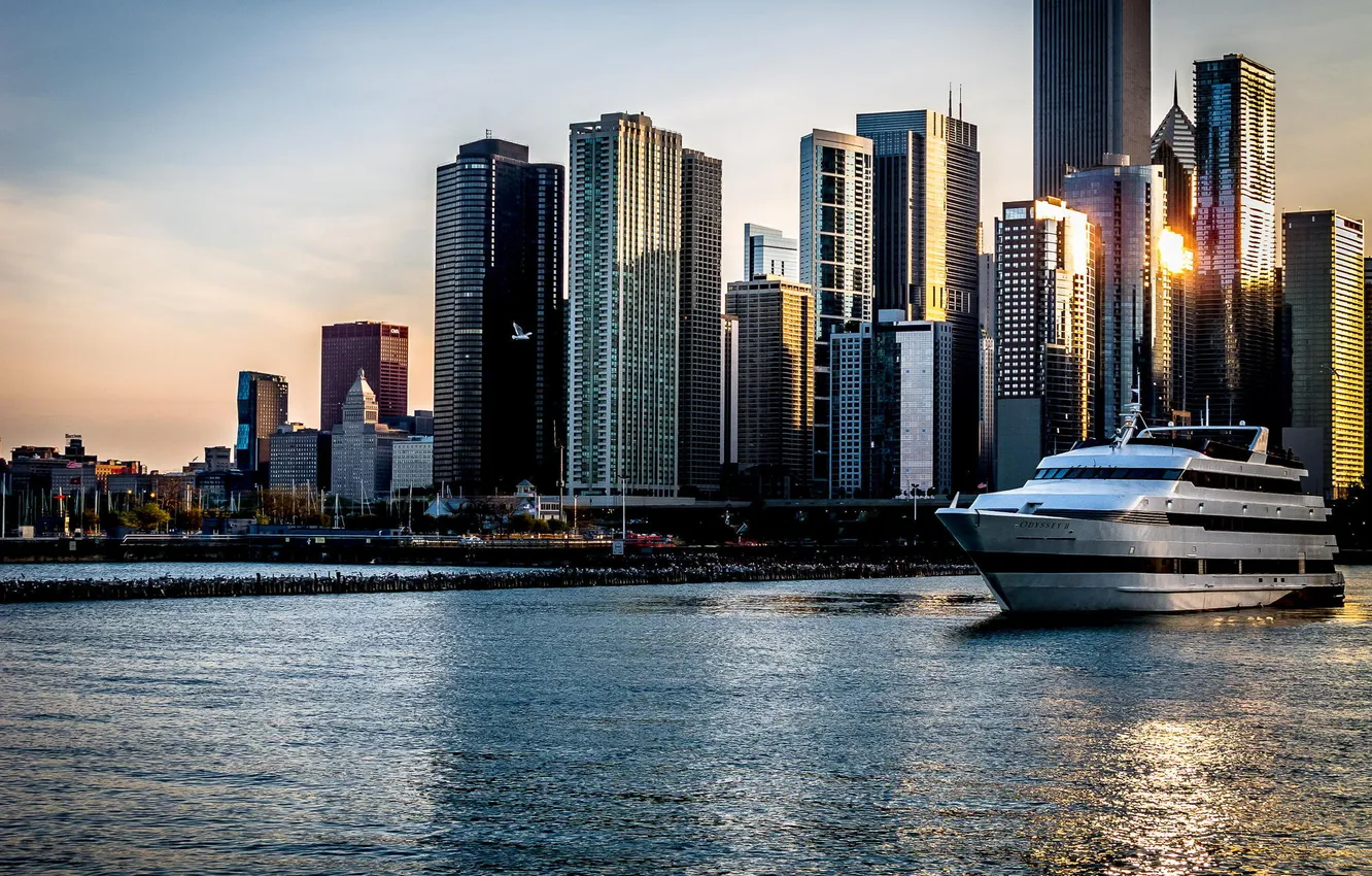 Photo wallpaper water, sunset, the city, skyscrapers, yacht, Chicago, Chicago, Illinois