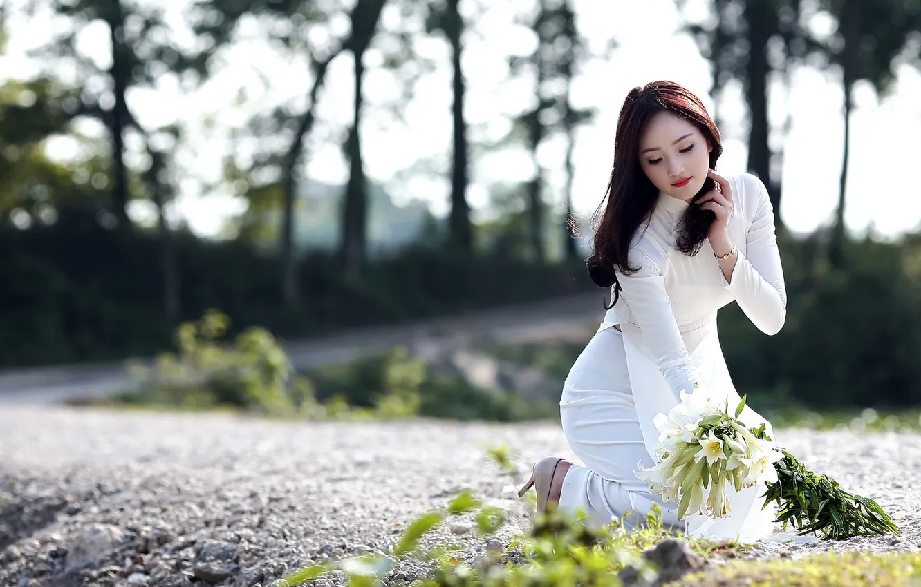 Photo wallpaper girl, flowers, Asian