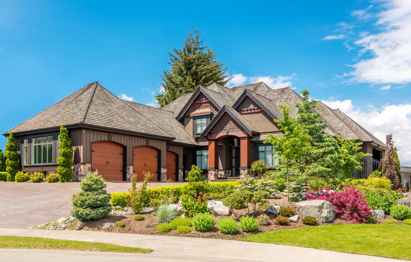 Photo wallpaper road, trees, design, stones, lawn, home, the sidewalk, mansion