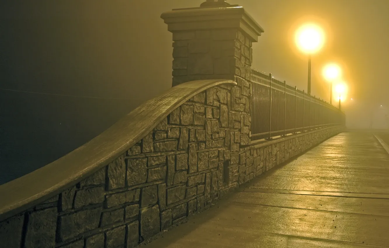Photo wallpaper night, bridge, the city, fog, bridge in mist and lights