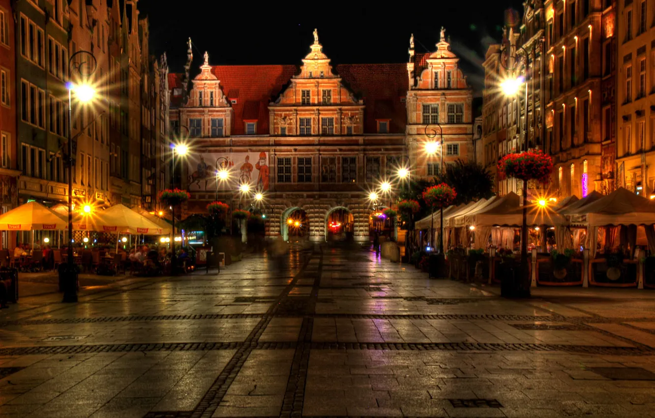 Photo wallpaper night, the city, photo, street, home, Poland, lights, the sidewalk