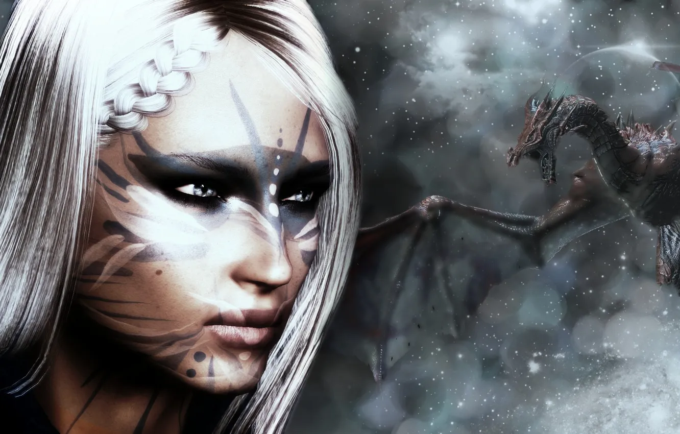 Photo wallpaper winter, girl, snow, dragon, the game, white hair, Skyrim