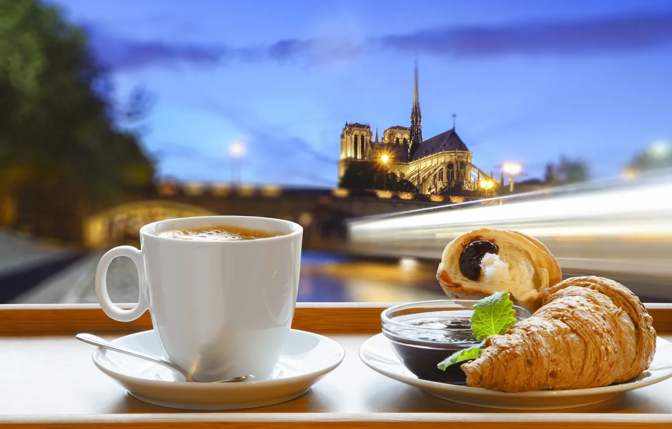 Photo wallpaper Paris, coffee, Breakfast, Paris, cathedral, France, Our Lady, cup
