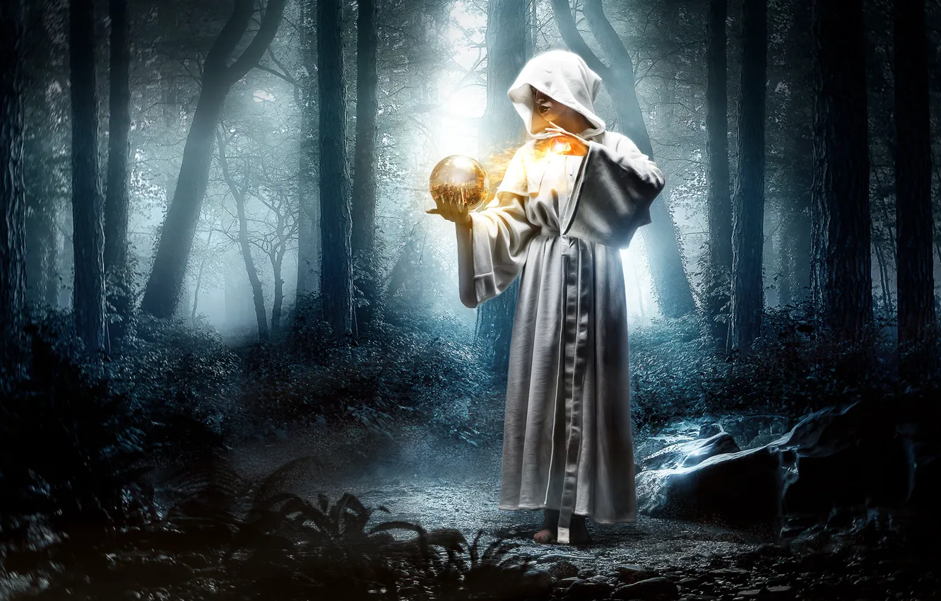 Photo wallpaper forest, girl, fantasy, magic, magic, ball, the situation, hood