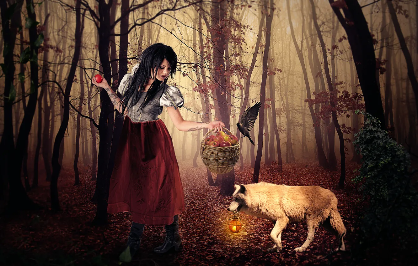 Photo wallpaper forest, girl, basket, apples, wolf