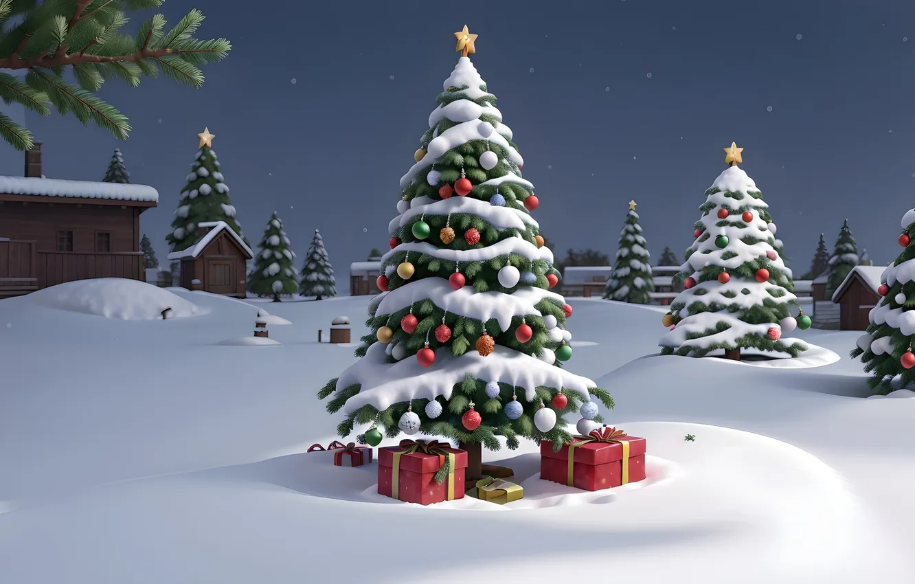 Photo wallpaper snow, gift, toy, tree, new year, herringbone