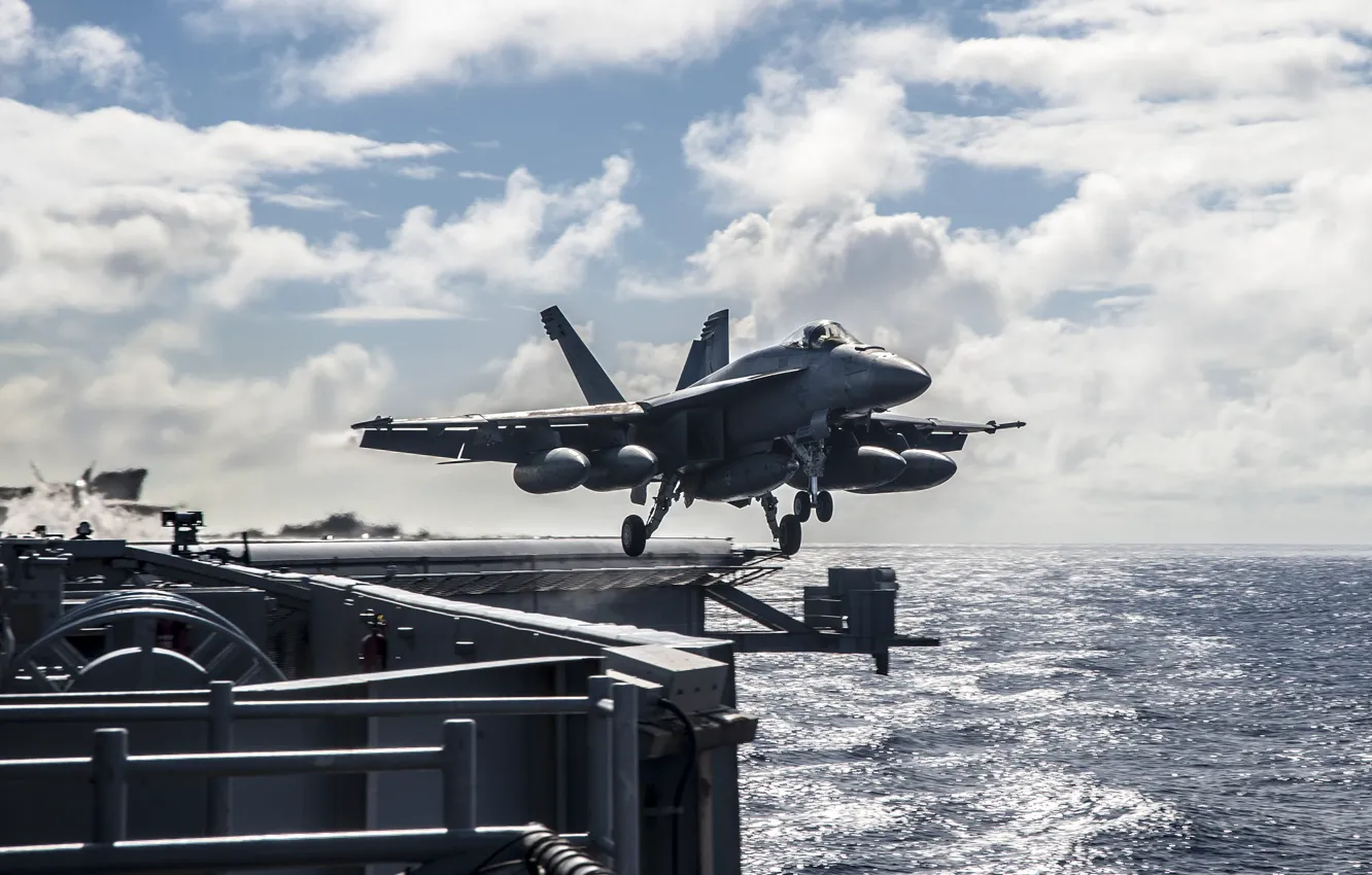 Photo wallpaper sea, fighter, the rise, Super Hornet, deck, FA-18E