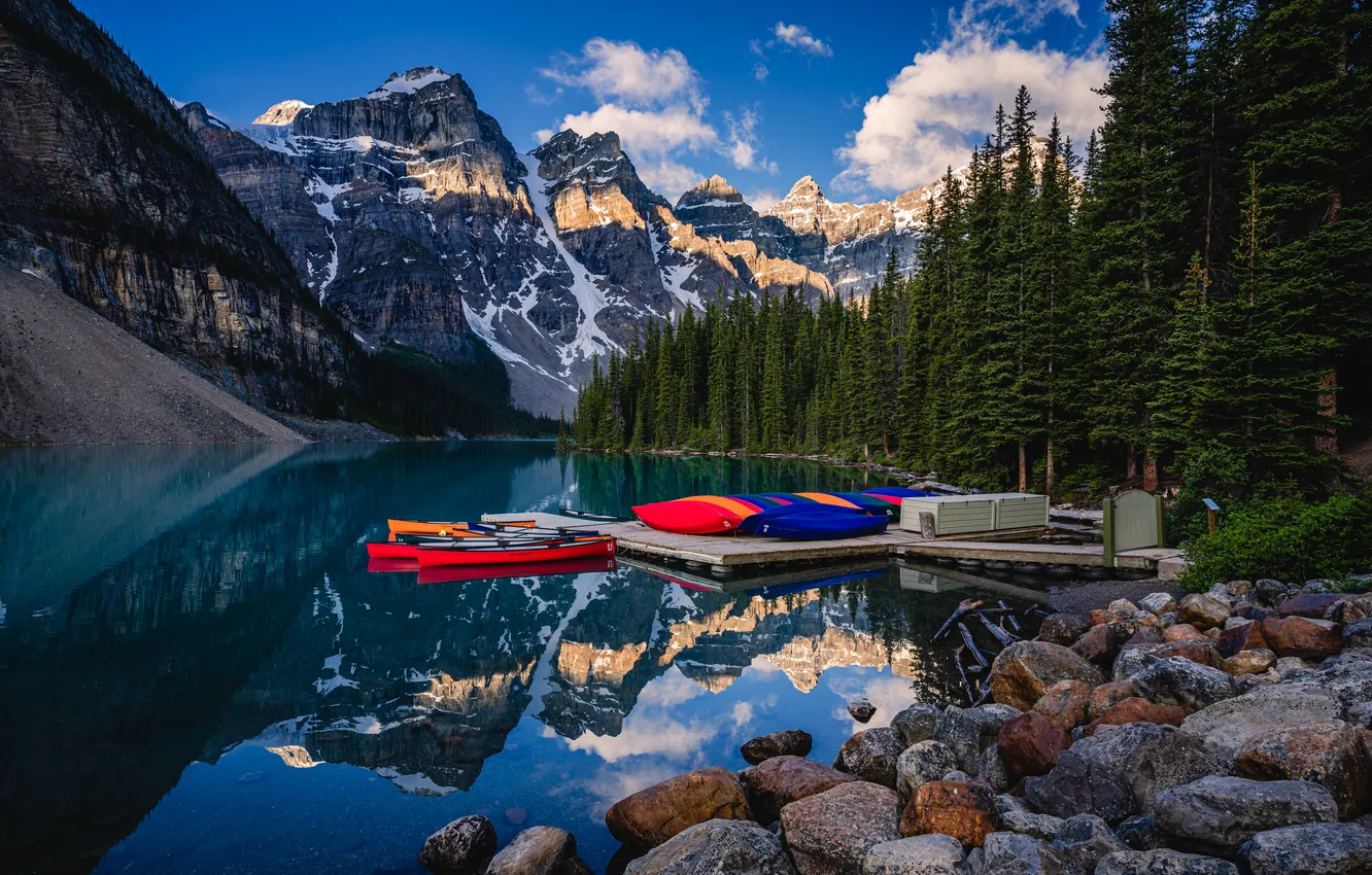 Photo wallpaper forest, clouds, light, snow, mountains, lake, blue, stones