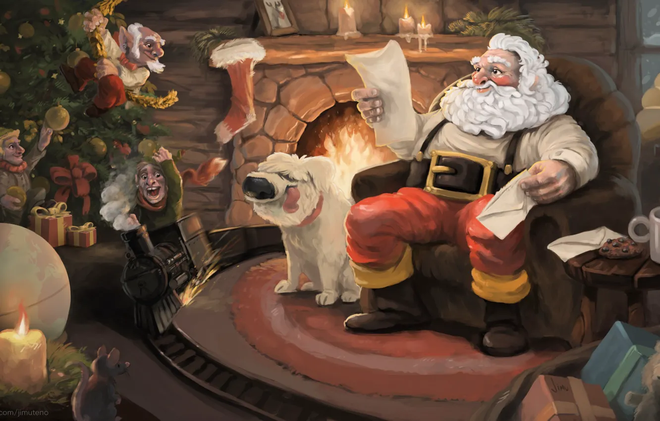 Photo wallpaper Dog, Figure, Santa, Holiday, Santa Claus, Art, Christmas, Art