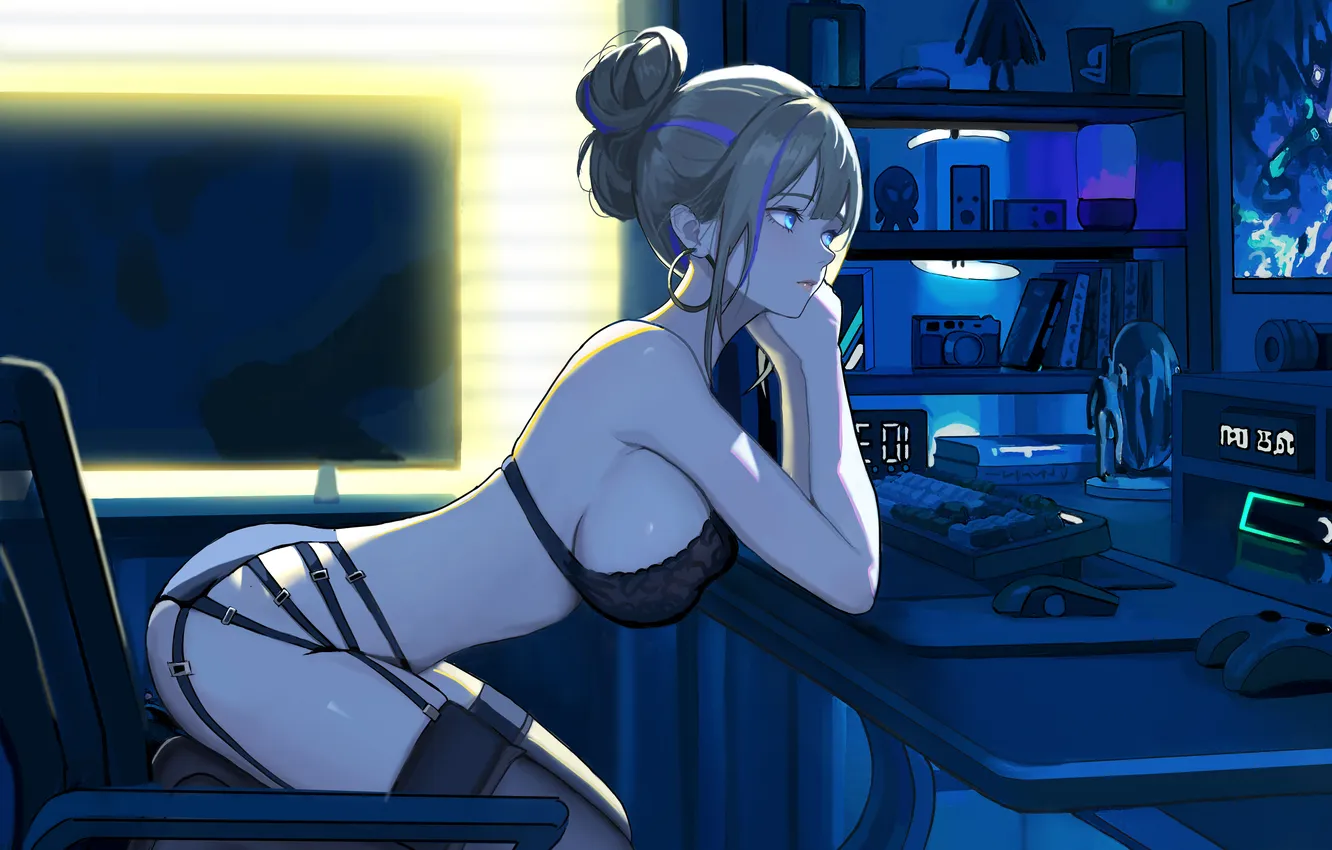 Photo wallpaper blue eyes, underwear, black panties, anime girls, kneeling, bent over, sideboob, hairbun