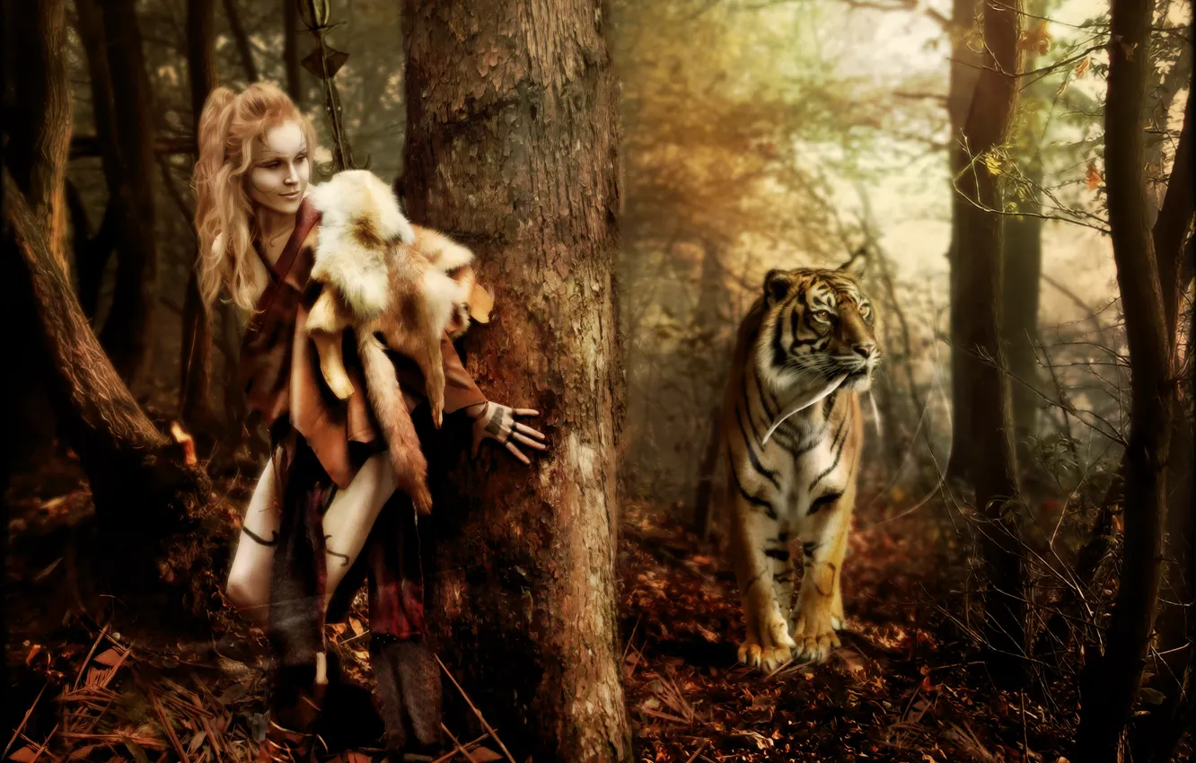 Photo wallpaper forest, tiger, woman, Digital Art, brandrificus, lets play hide and seek