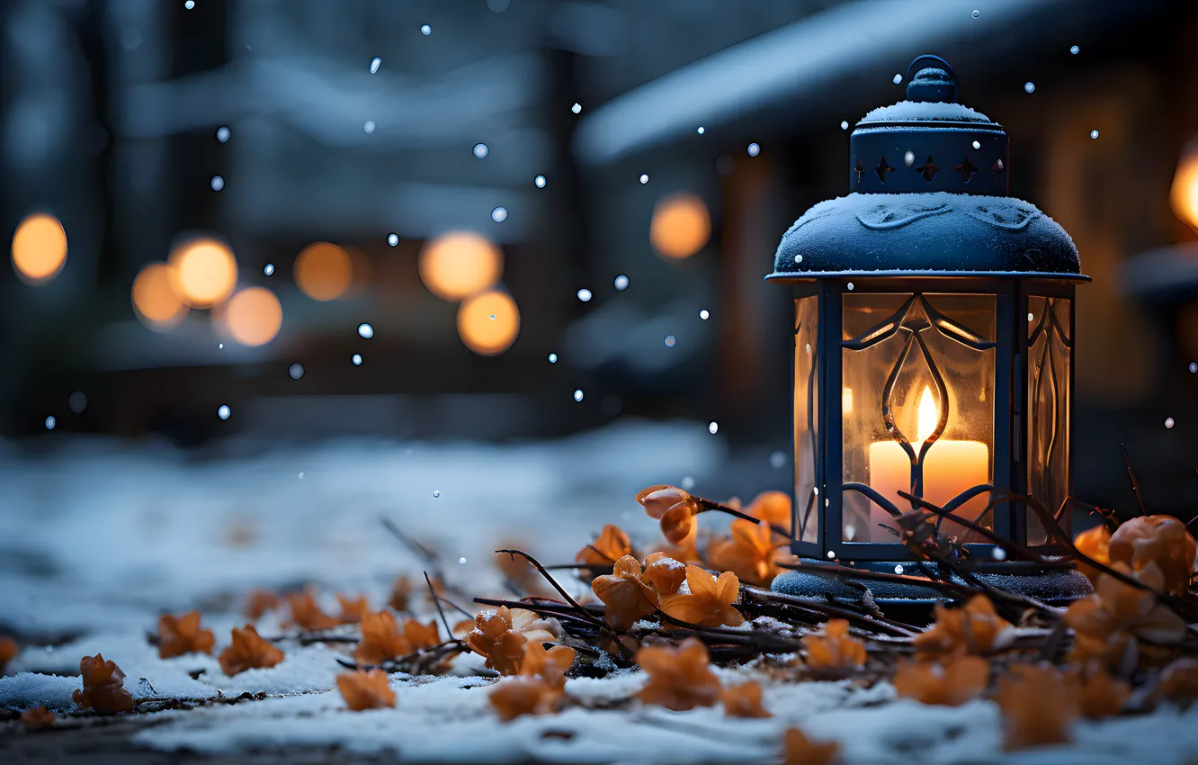 Photo wallpaper winter, snow, night, branches, new year, candles, Christmas, lights