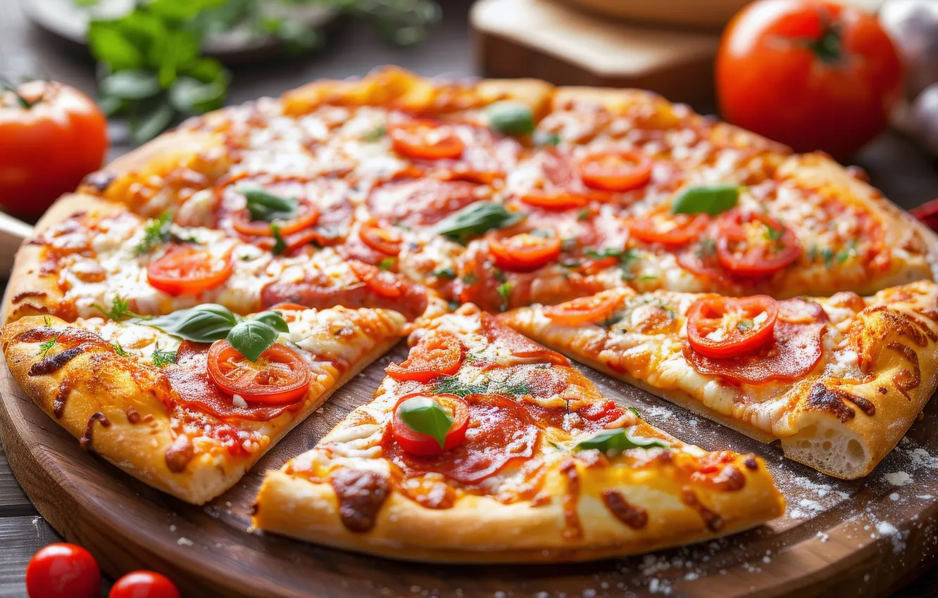 Photo wallpaper table, food, cheese, vegetables, pizza, tomatoes, sausage, cakes