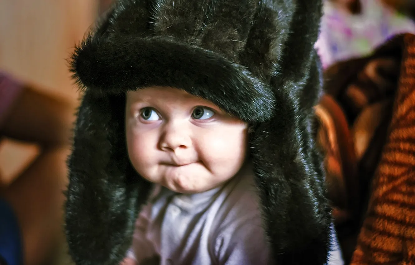 Photo wallpaper look, children, face, hat, fur