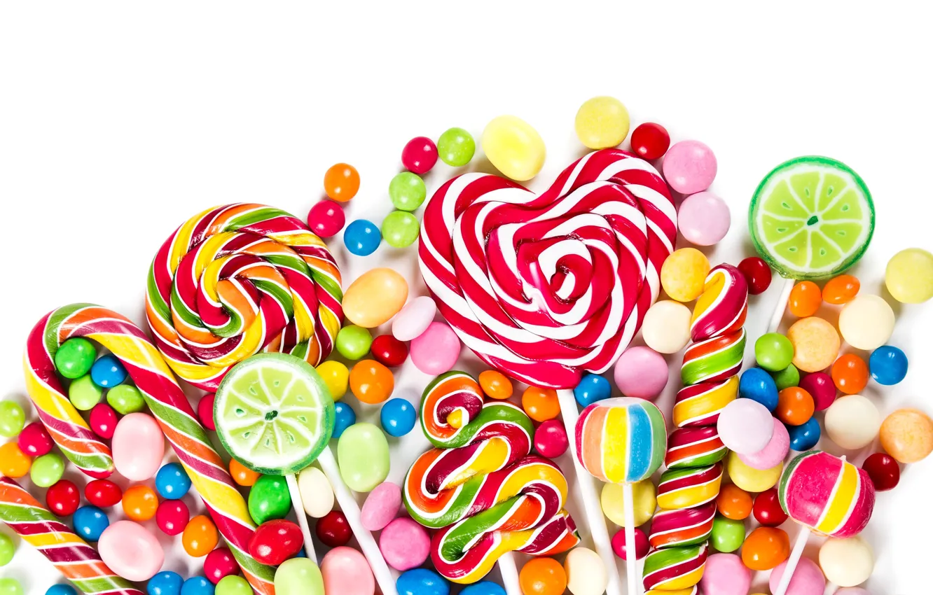 Photo wallpaper candy, sweets, white background, lollipops, colorful, a lot