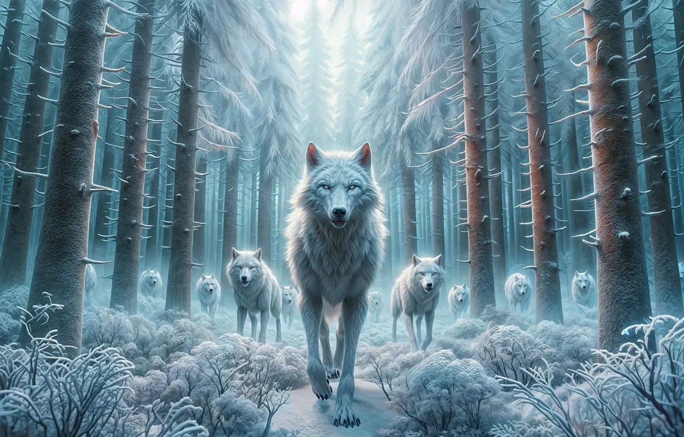 Photo wallpaper winter, forest, wolf, pack