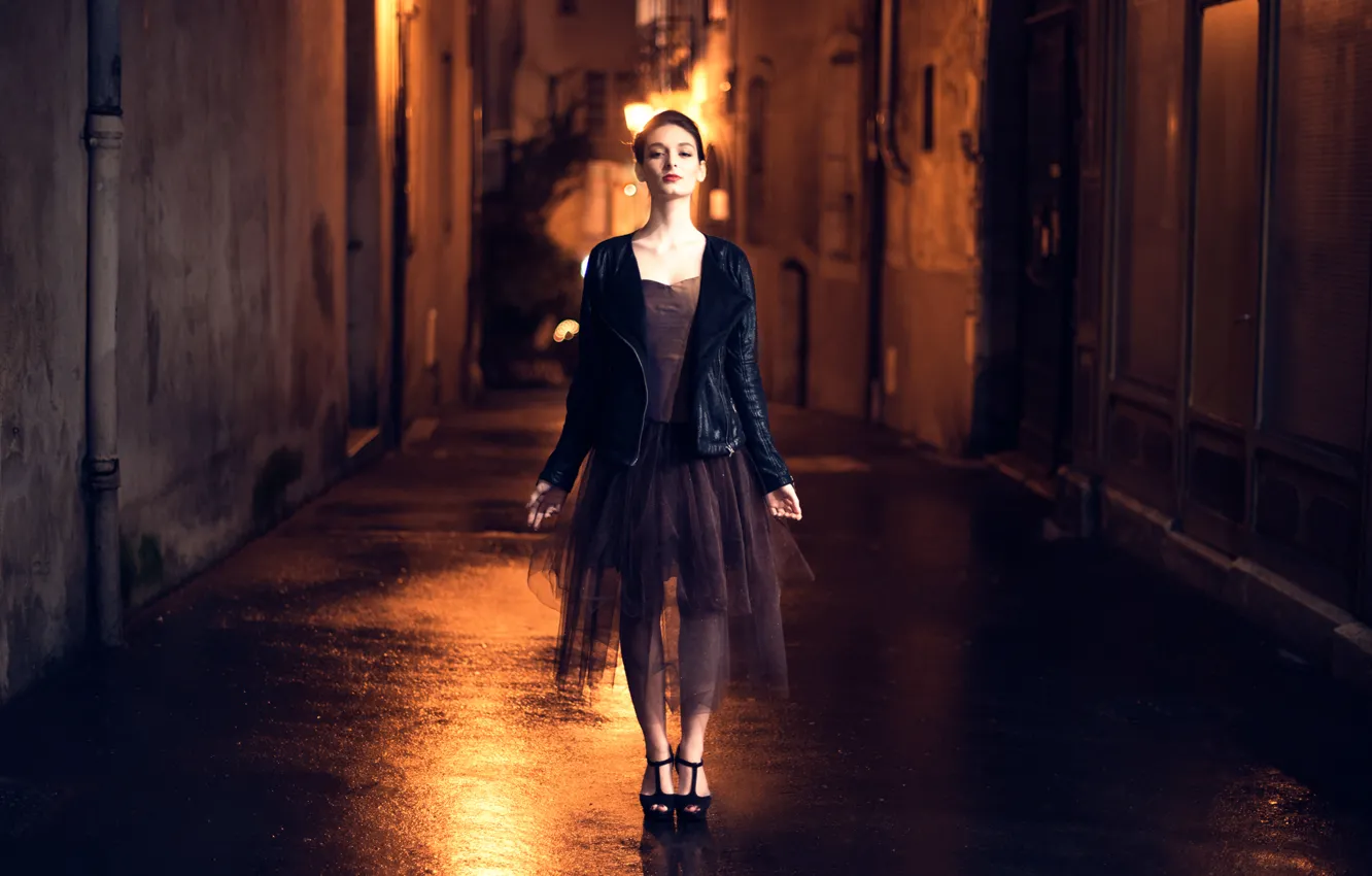 Photo wallpaper girl, night, the city, street, Tiphaine