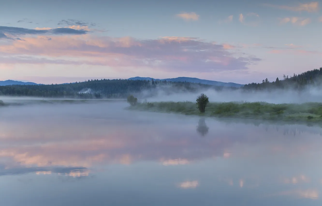 Photo wallpaper forest, the sky, clouds, fog, lake, reflection, morning, Wyoming