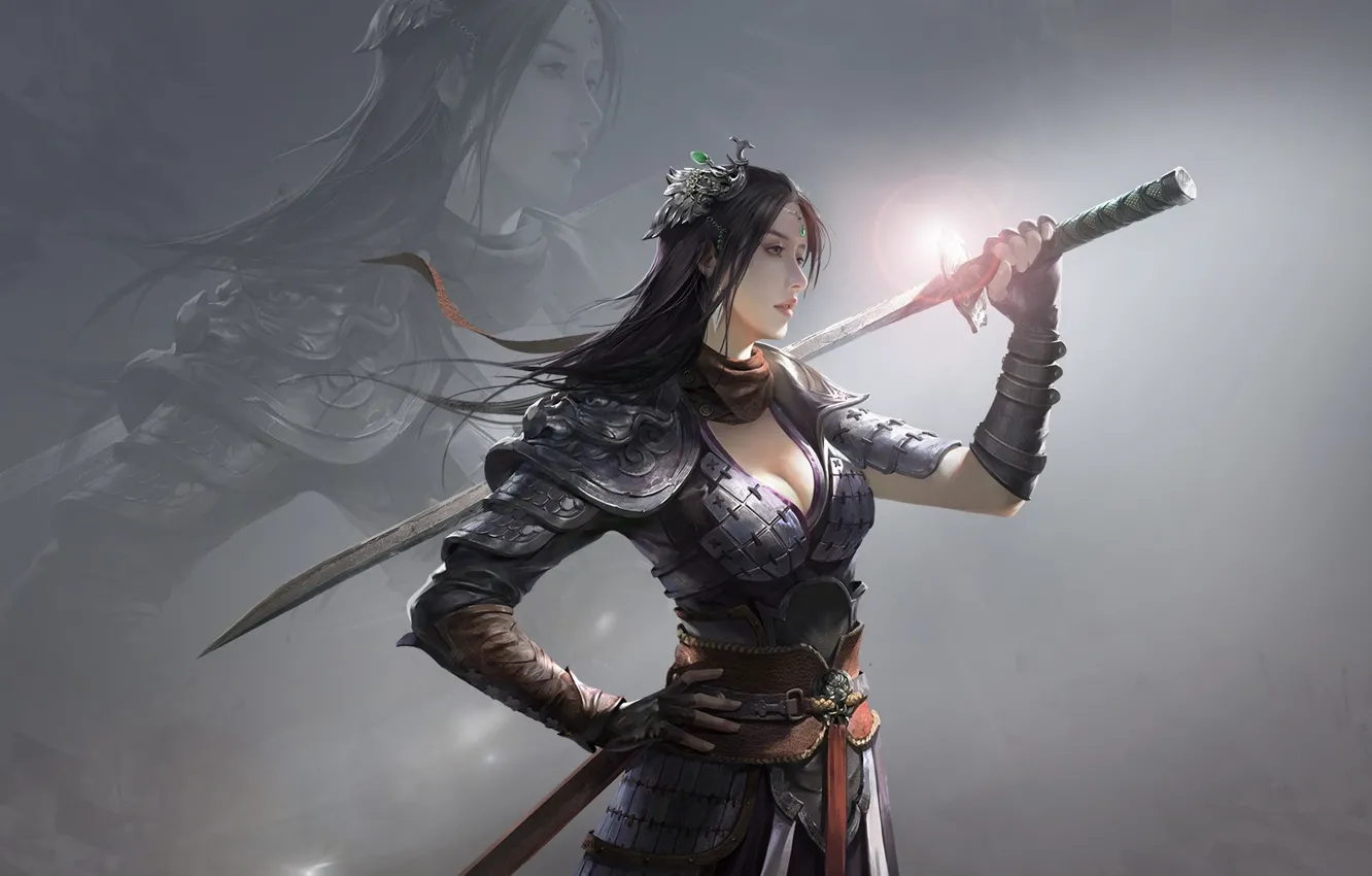 Photo wallpaper sword, armor, long hair, artwork, fantasy art, dark hair, standing, fantasy girl
