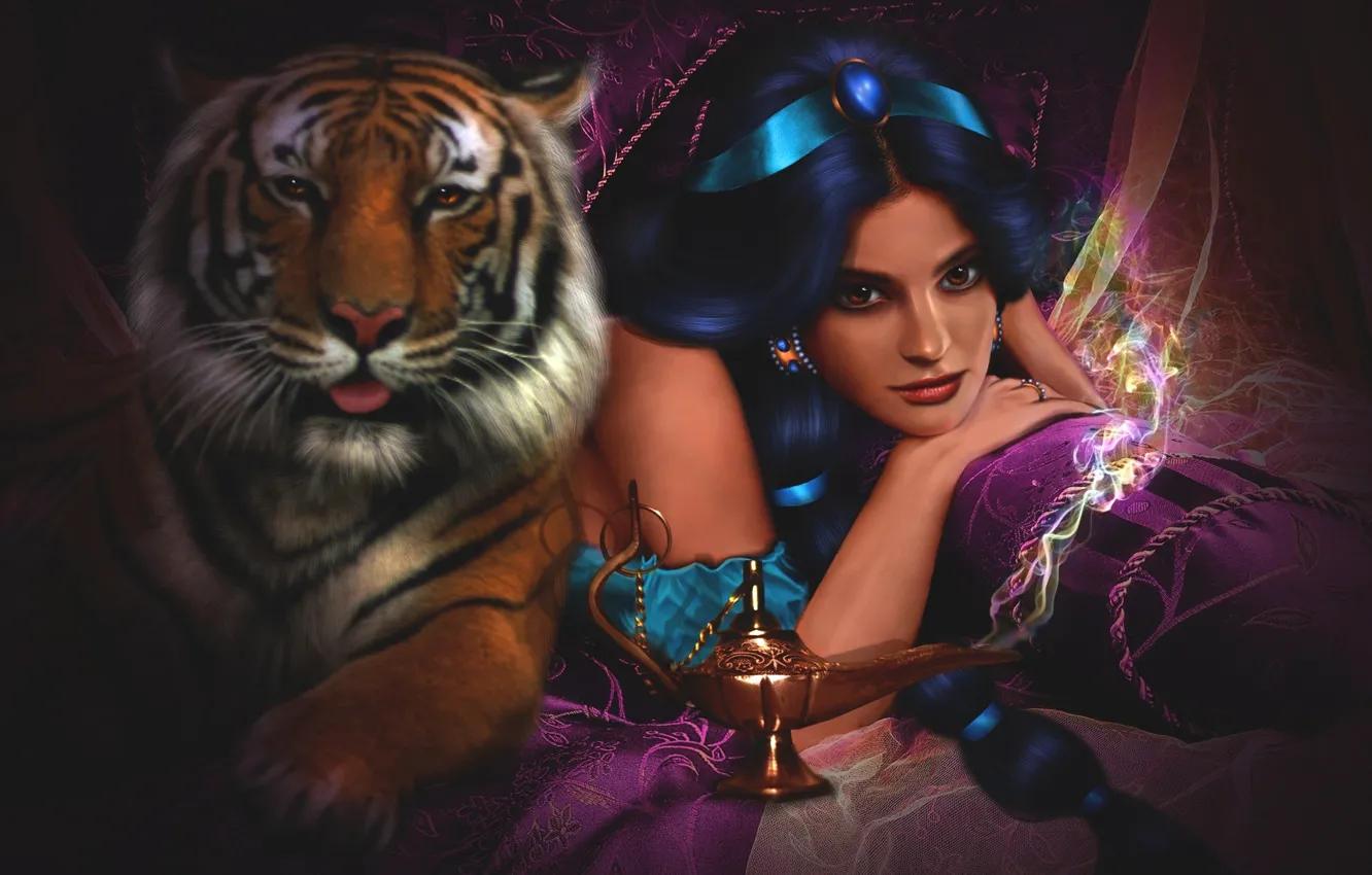 Photo wallpaper girl, tiger, tale, anime, disney, Jasmine, Aladdin (Disney), Aladin