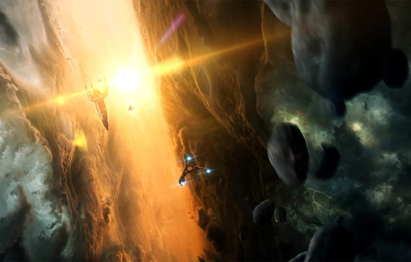 Photo wallpaper the sun, space, light, art, spaceship