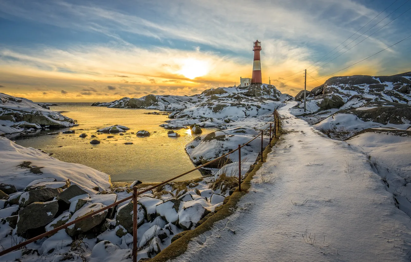 Photo wallpaper winter, sea, lighthouse, morning