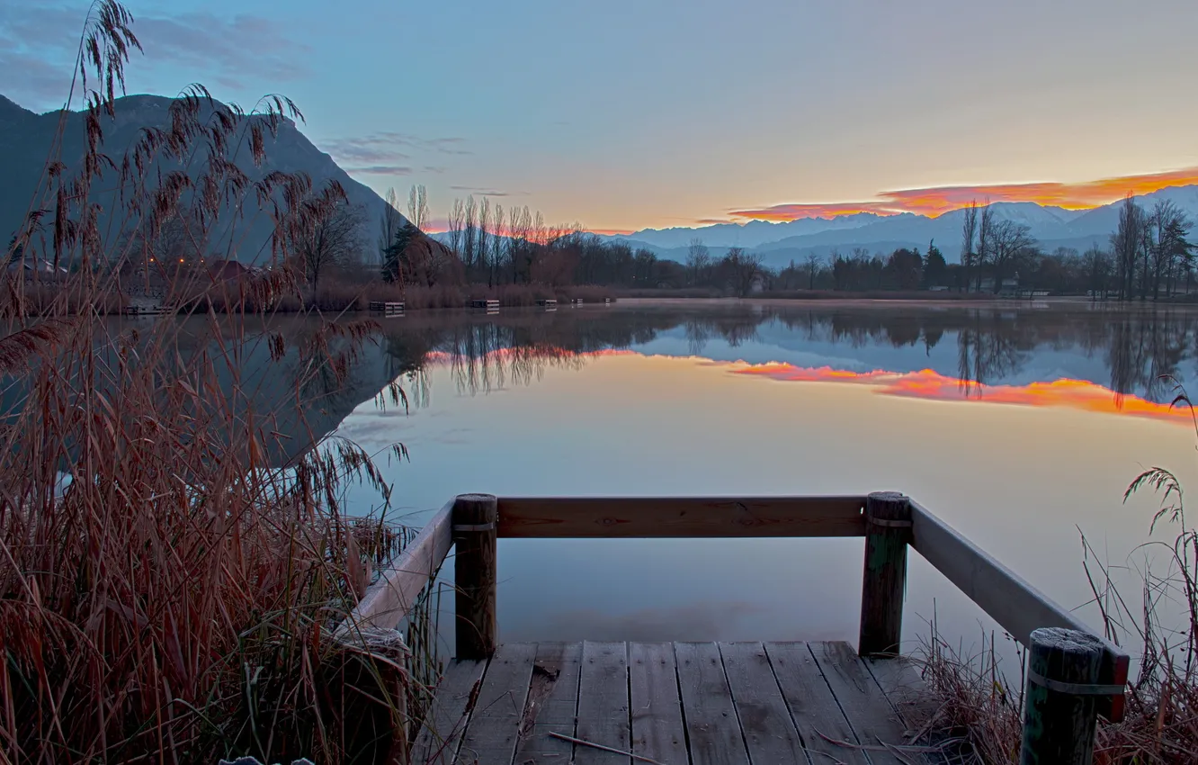 Photo wallpaper landscape, sunset, bridge, lake