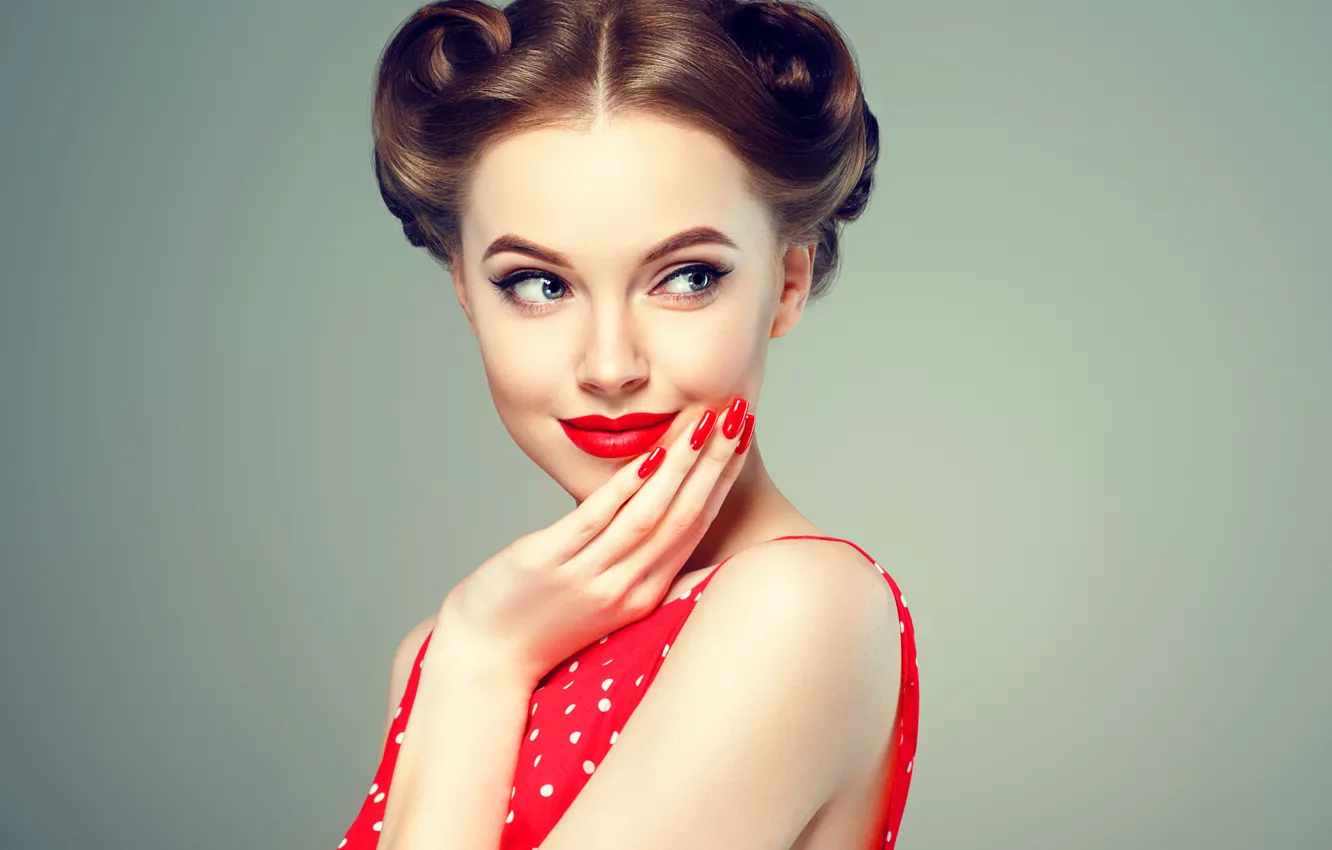Photo wallpaper face, pose, style, retro, model, hand, makeup, hairstyle