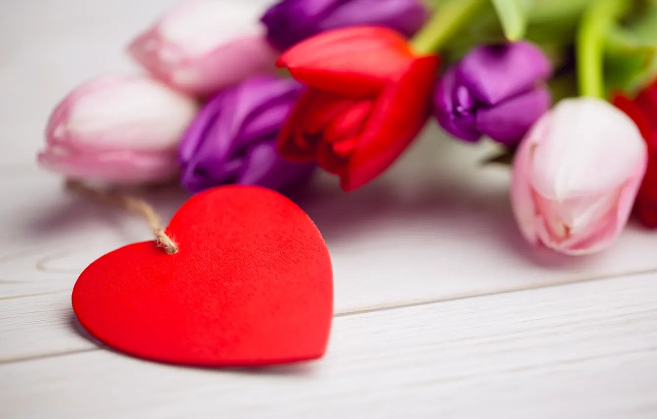 Photo wallpaper love, flowers, heart, bouquet, colorful, tulips, red, love