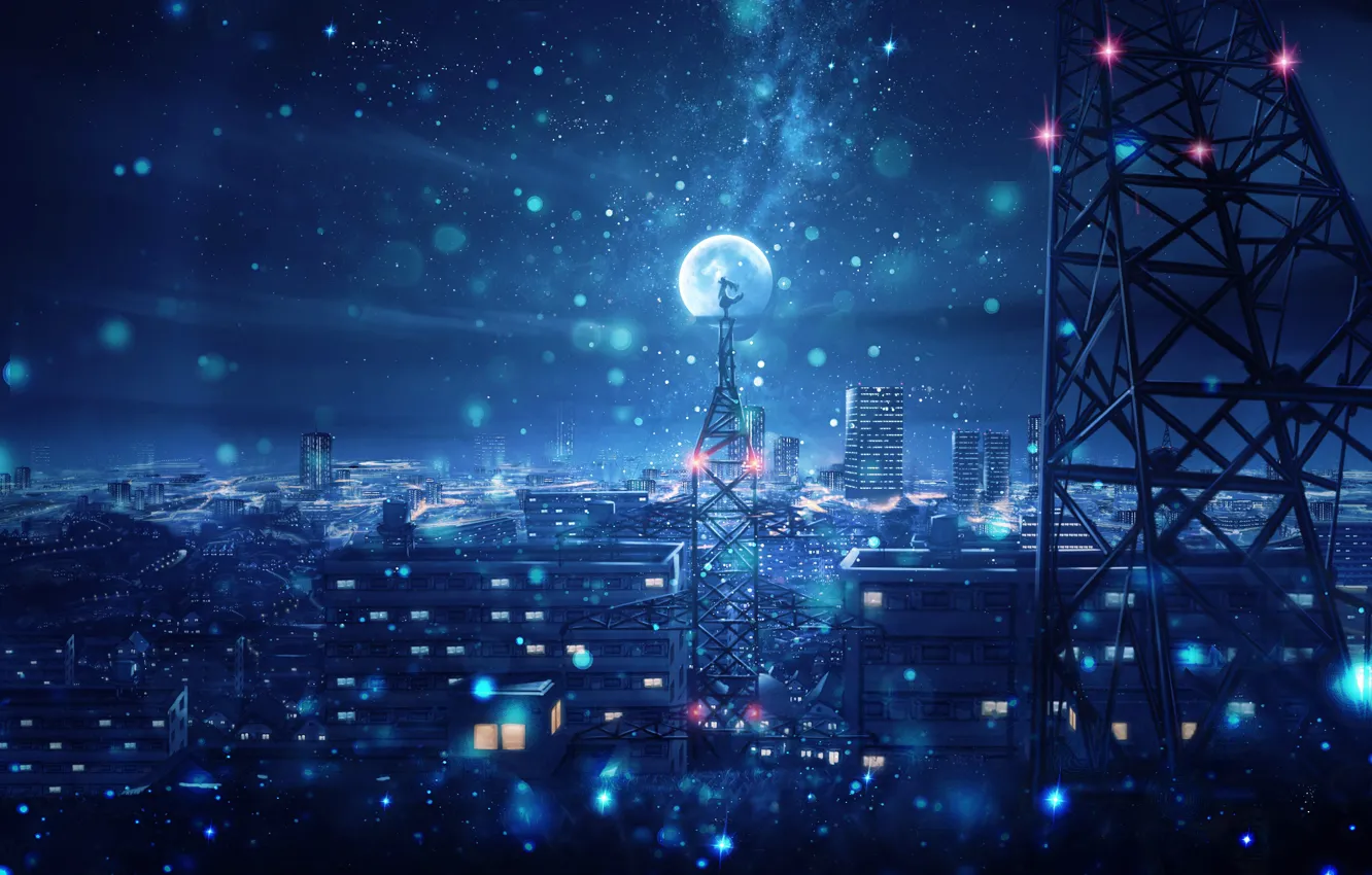 Photo wallpaper the sky, girl, night, the city, the moon, tower