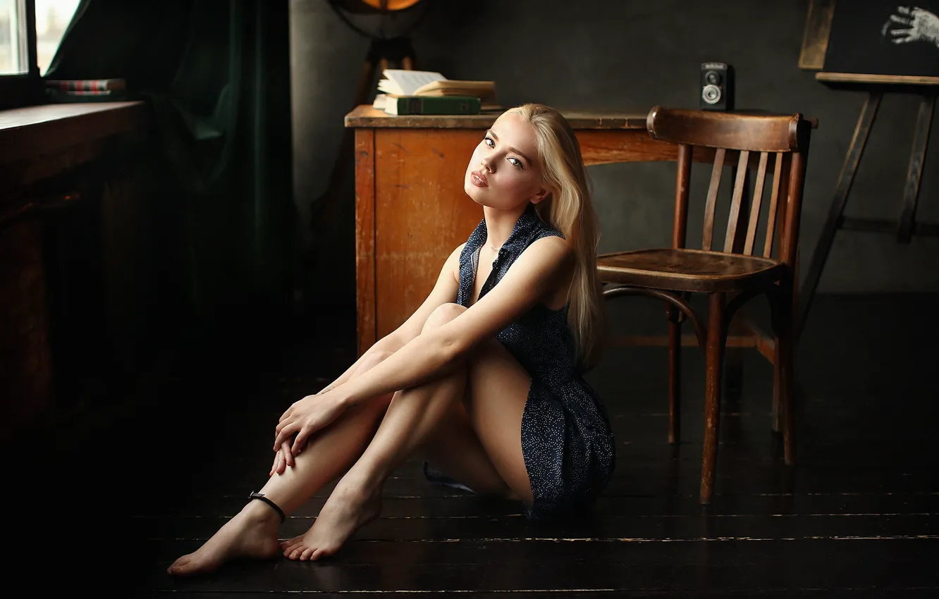 Photo wallpaper dress, model, chair, women, blonde, wooden floor, Dmitry Arhar, women indoors