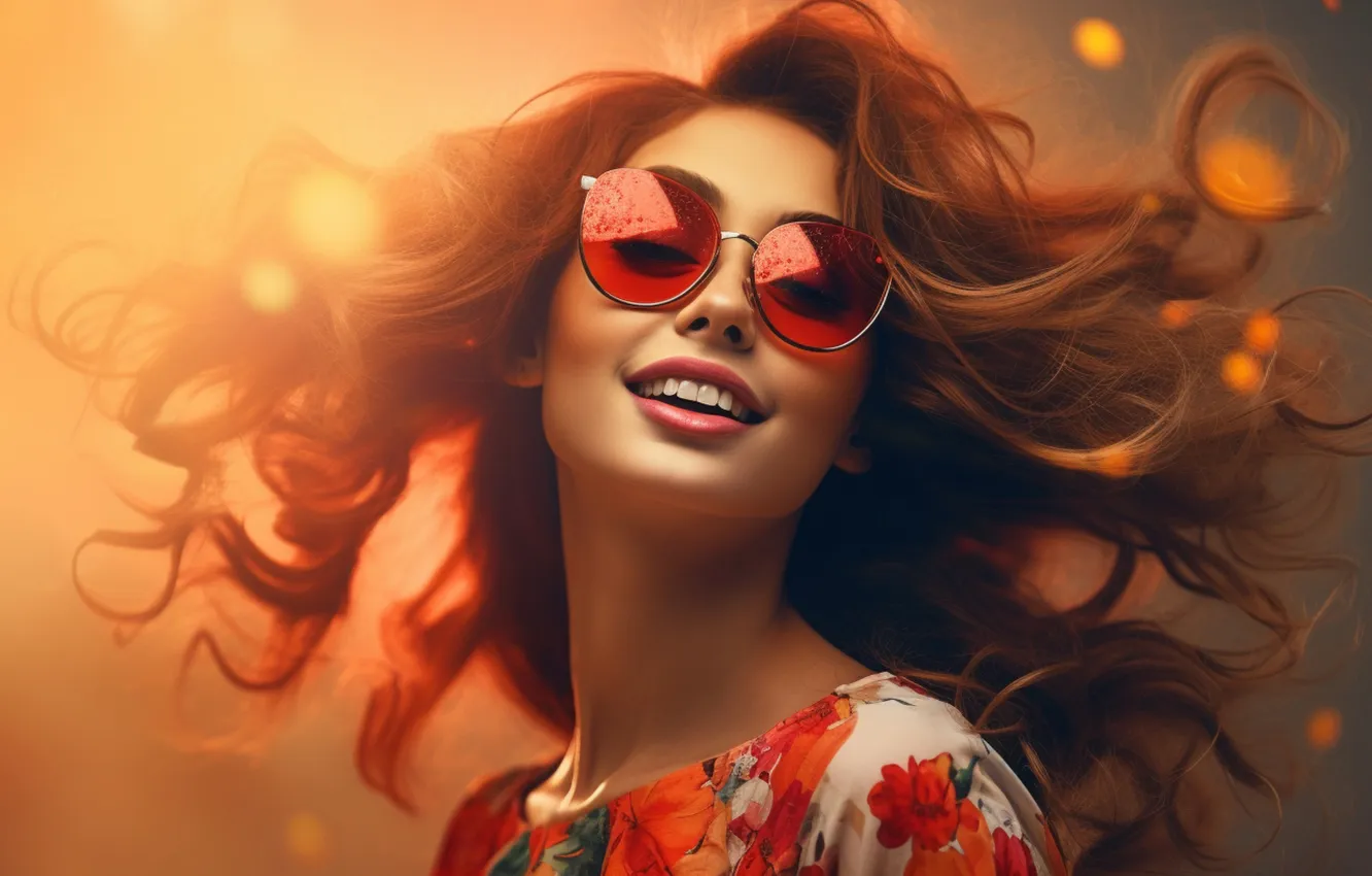 Photo wallpaper look, girl, light, joy, smile, portrait, glasses, brown hair