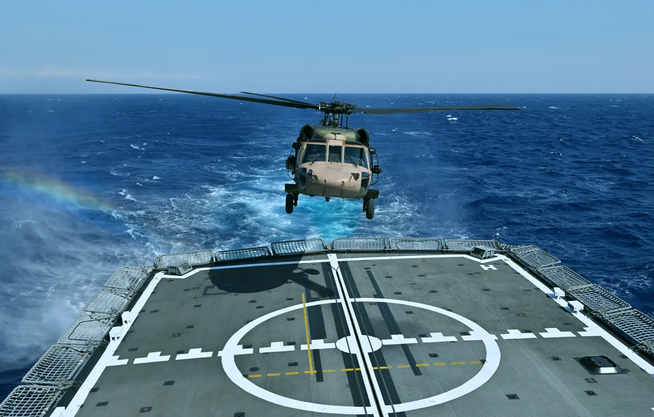 Photo wallpaper ship, helicopter, landing