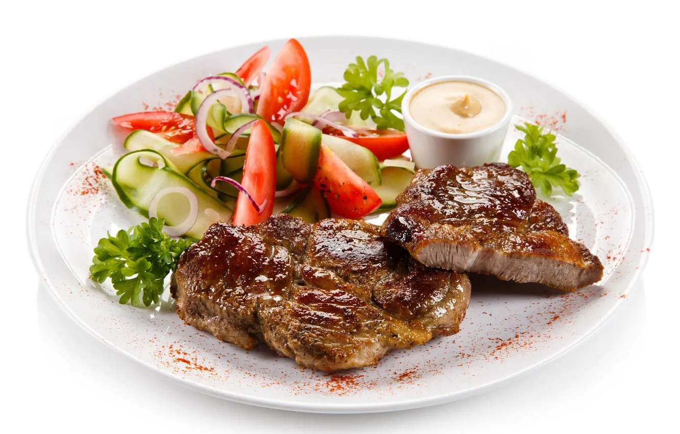 Photo wallpaper photo, meat, vegetables, tomatoes, sauce, dish, salad, steak