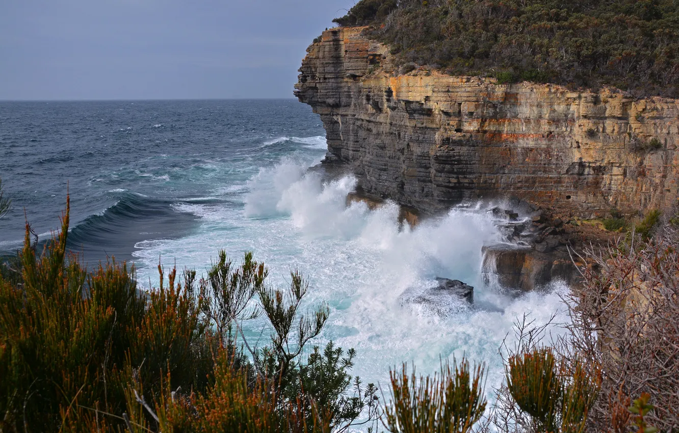 Photo wallpaper sea, the sky, squirt, storm, rocks