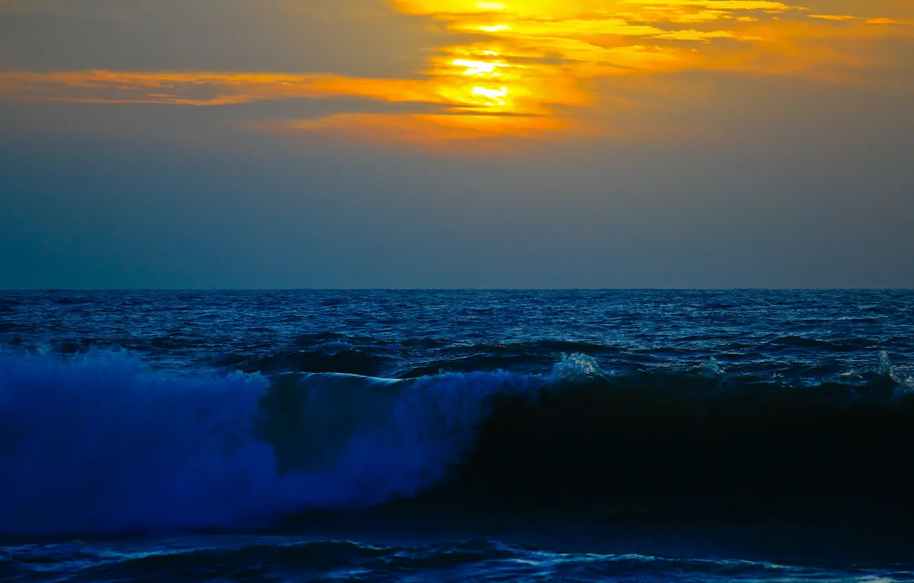 Photo wallpaper sea, wave, the sky, clouds, sunset, storm