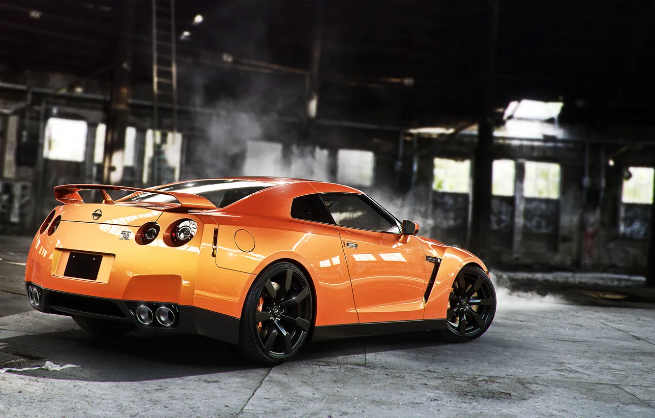 Photo wallpaper Orange, Nissan, GT-R, Car, Smoke, Sport, Wheels, Rear