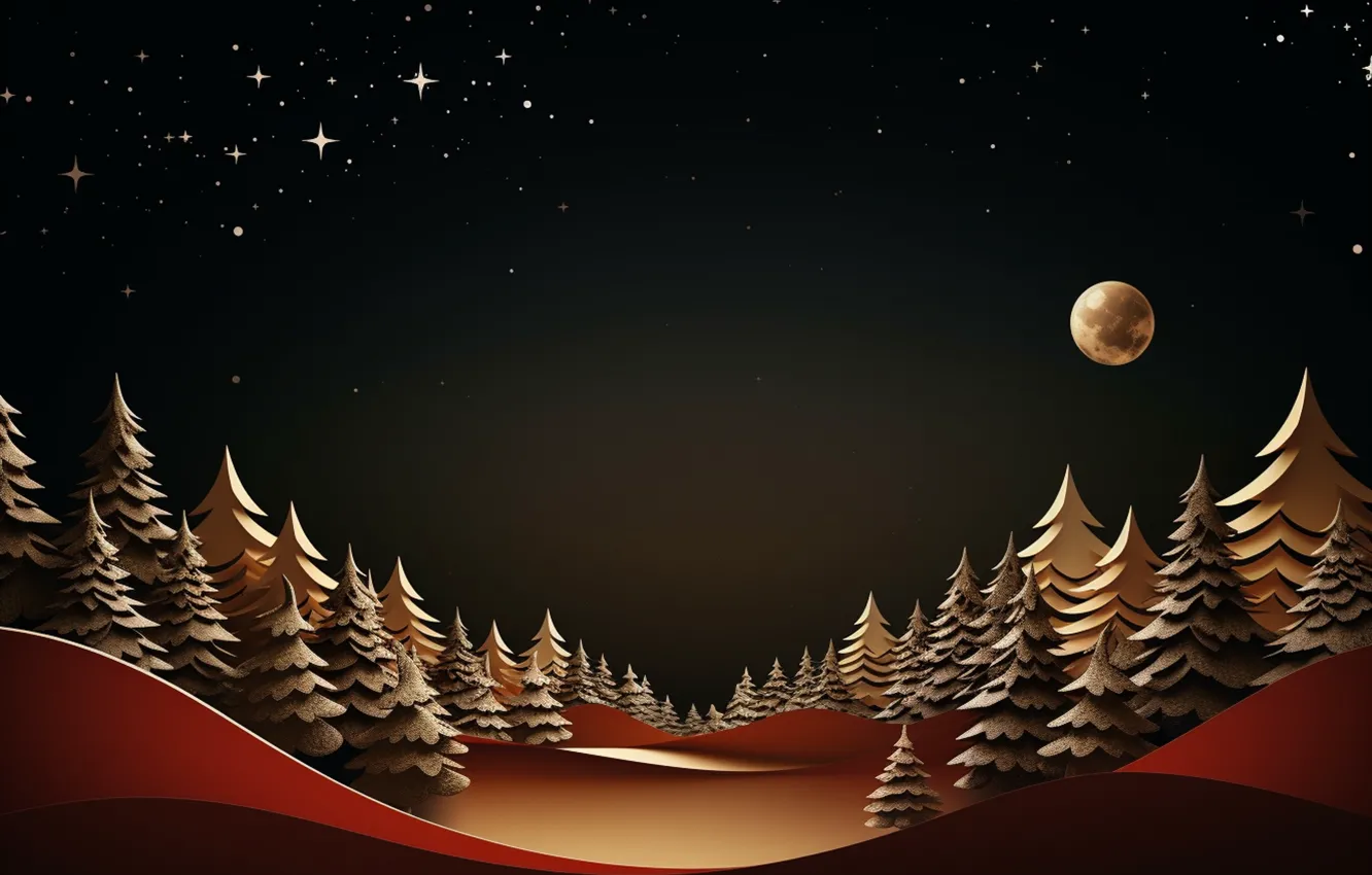 Photo wallpaper winter, stars, snow, night, hills, the moon, graphics, tree