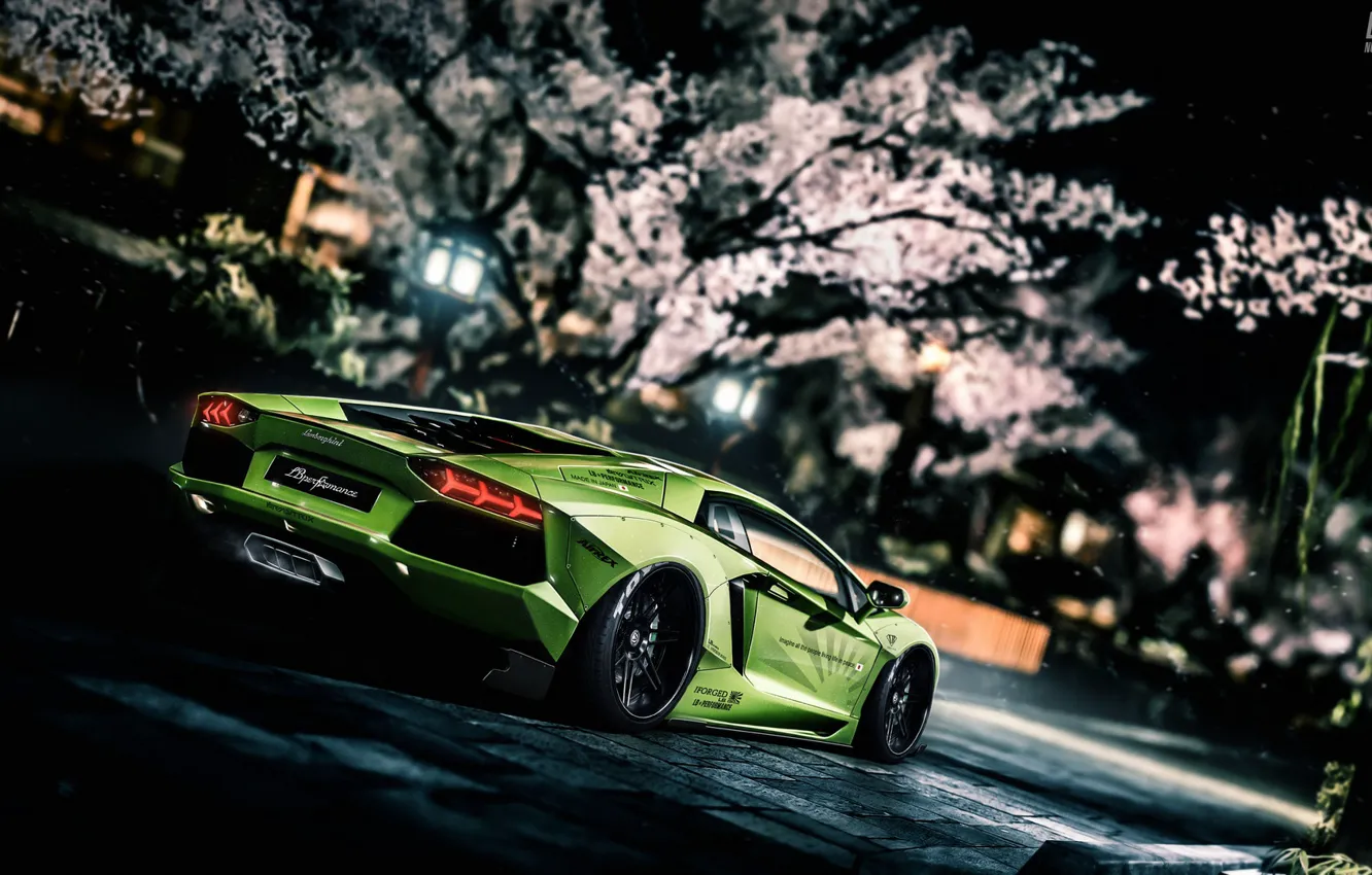 Photo wallpaper Auto, Lamborghini, Green, Machine, Supercar, Aventador, Lamborghini Aventador, Transport