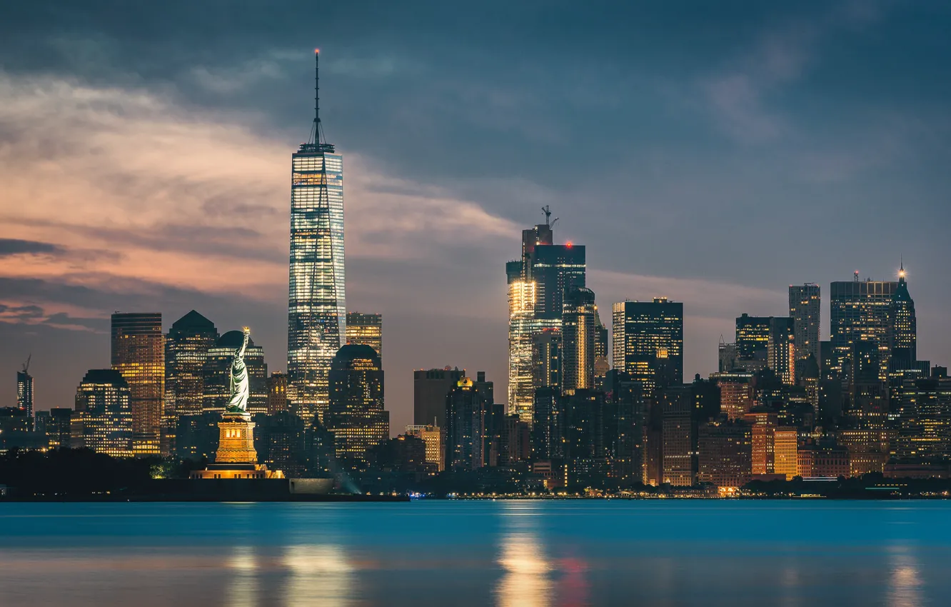 Photo wallpaper night, New York, Statue of Liberty, skyscrapers, cityscape