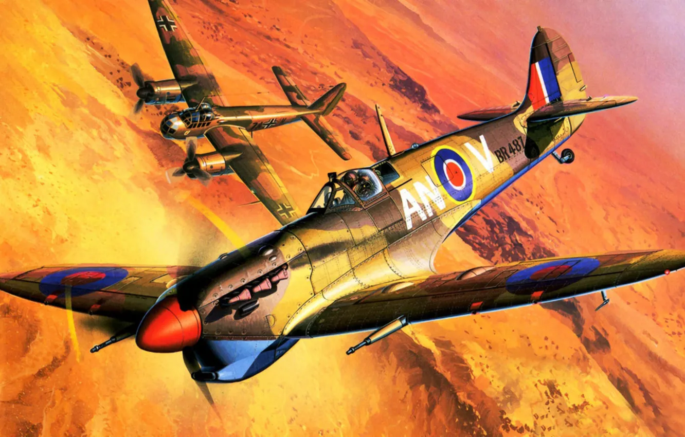 Photo wallpaper war, art, airplane, painting, aviation, WW2, Supermarine Spitfire Mk.Vb Trop