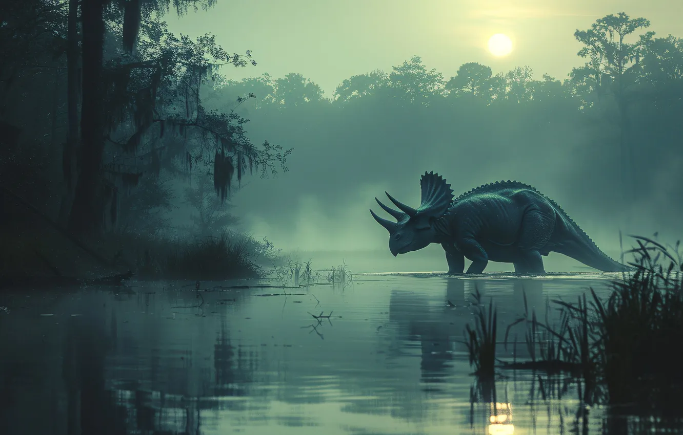 Photo wallpaper Water, Fog, Trees, Dawn, Dinosaur, Horns, Animal, Digital art