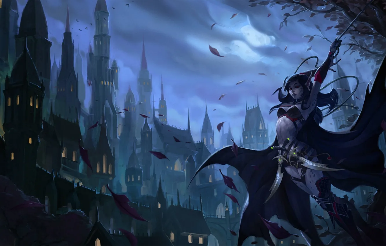 Photo wallpaper leaves, night, the city, weapons, elf, sword, art, reckoning