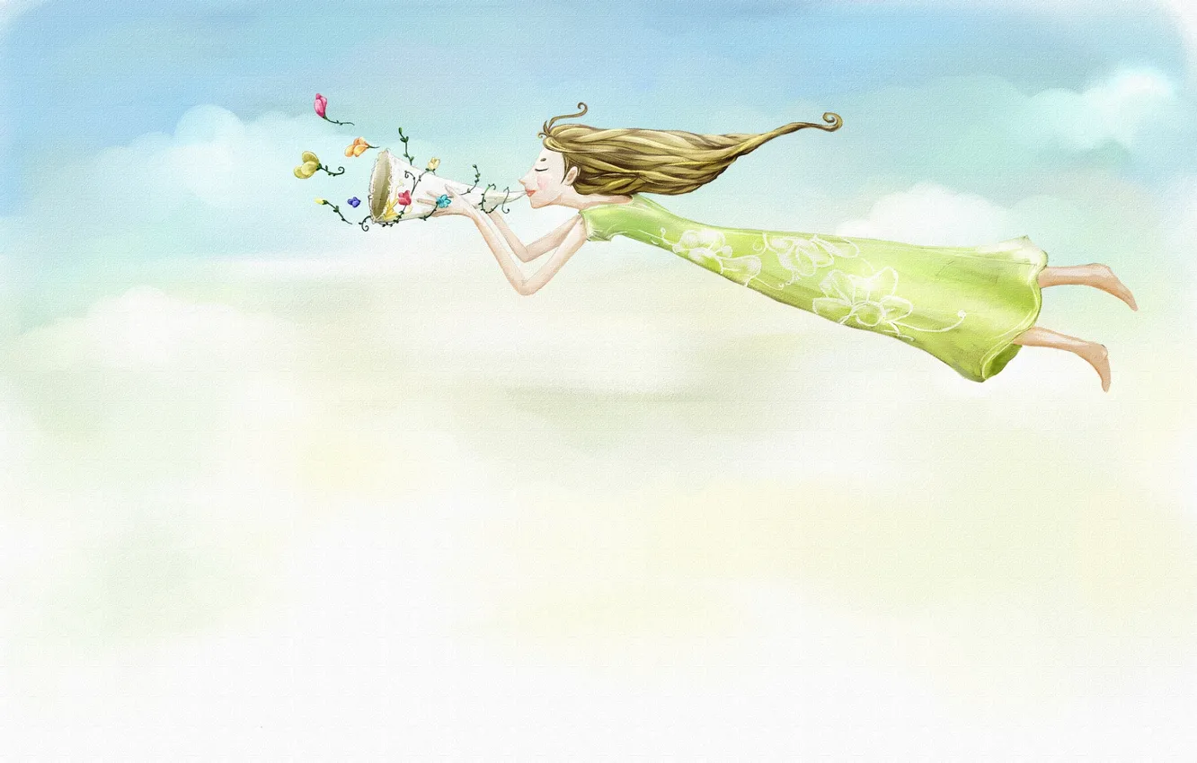 Photo wallpaper girl, clouds, flight, flowers, dress, horns, long-haired