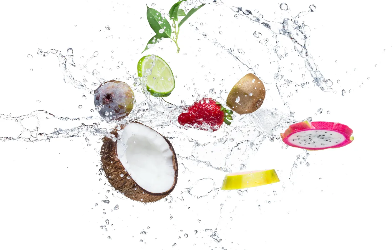 Photo wallpaper water, drops, squirt, orange, coconut, kiwi, strawberry, leaf